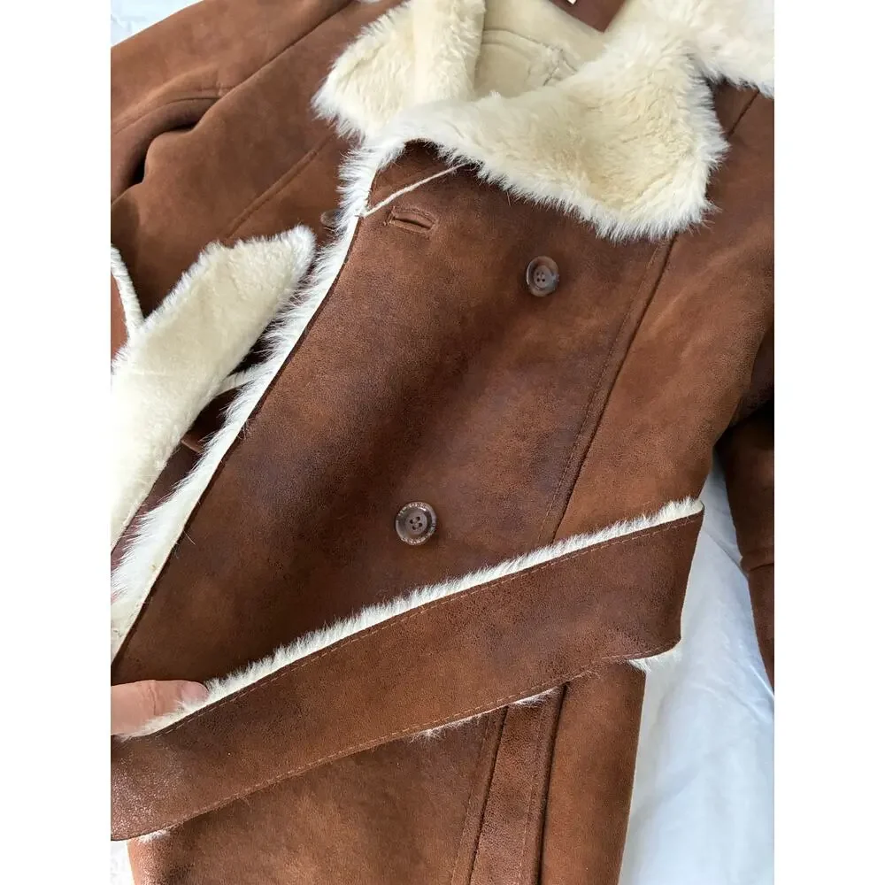 Women’s double-breasted faux shearling wrap coat- tan - size S - Picture 4 of 12